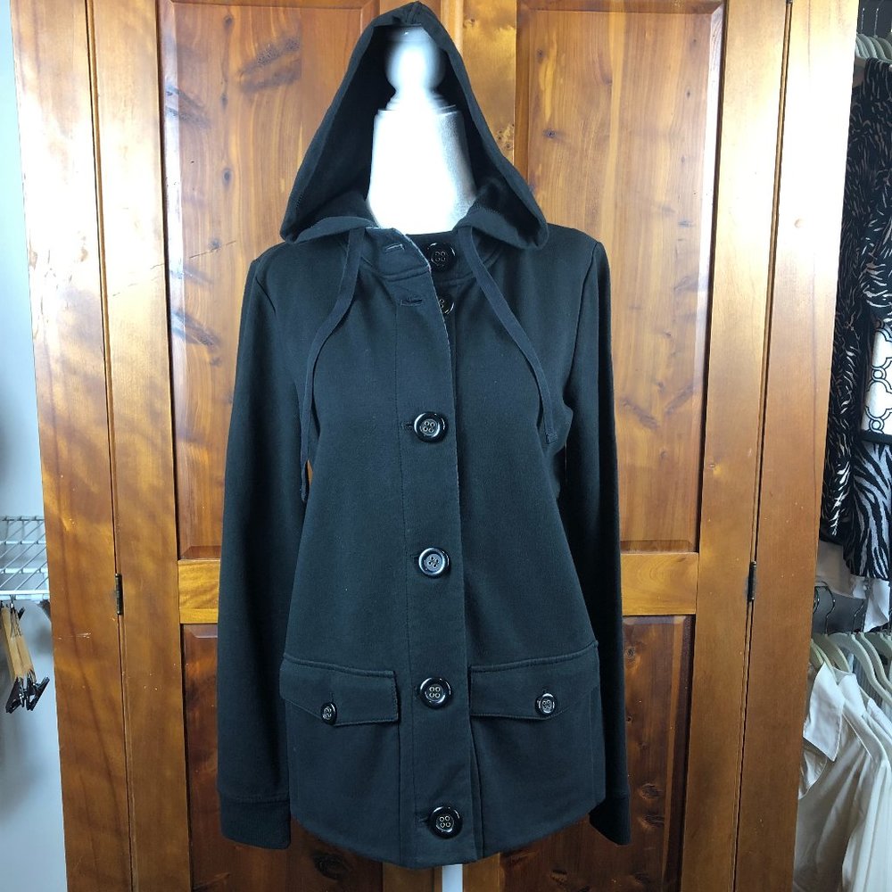 Liz Clairborne Blk Cozy Hooded Button Up Jacket/Shacket Minimalist Comfy Sporty